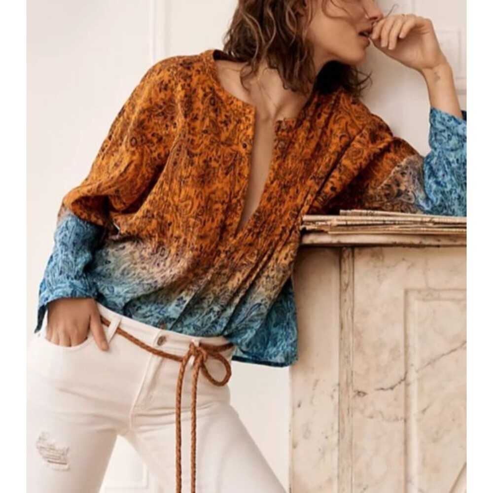 PILCRO Anthropologie Blue Orange Motif Crinkle Cotton Ombre Top Paisley Boho XS